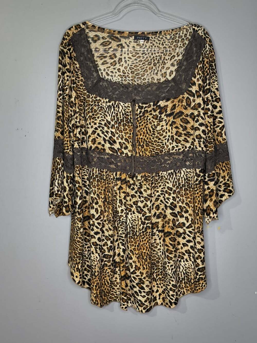 Patty Women's Size 3x Leopard Print Tunic Dark Lace 3/4 Sleeve Blouse